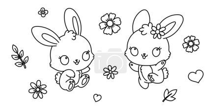 Illustration for Kawaii line art coloring page for kids. Kindergarten or preschool coloring activity. Cute jumping bunnies surrounded by flowers. Kawaii rabbits vector illustration - Royalty Free Image