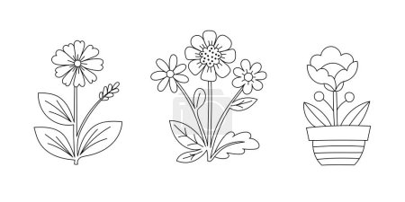 Kawaii line art coloring page for kids. Kindergarten or preschool coloring activity. Cute flowers vector illustration