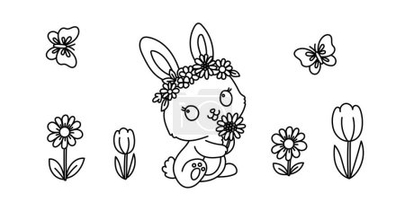 Téléchargez les illustrations : Coloriage d'art en ligne Kawaii pour les enfants. Activité de coloration maternelle ou préscolaire. Lapin mignon entouré de fleurs et de papillons Coloriage d'été. Illustration vectorielle lapin Kawaii - en licence libre de droit