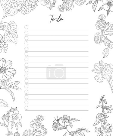 Illustration for Blank elegant to do list. Hand-drawn floral design. Vector line art. - Royalty Free Image