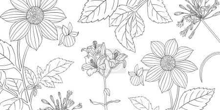 Coloring page for adults. Line art coloring activity. Beautiful hand-drawn flowers.  Mindful coloring for stress relief. Vector illustration