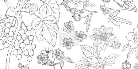 Coloring page for adults. Line art coloring activity. Beautiful hand-drawn flowers.  Mindful coloring for stress relief. Vector illustration