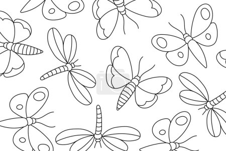 Insects line art coloring page. Mindful coloring activity. Stress relief coloring page. Butterfly and dragonfly vector illustration