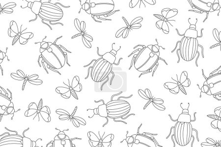 Illustration for Insects line art coloring page. Mindful coloring activity. Stress relief coloring page. Bug, butterfly, dragonfly, and beetle vector illustration - Royalty Free Image