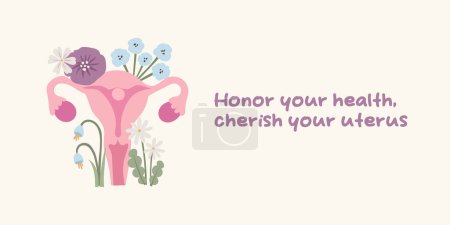 Floral uterus and inspirational quote about women's health. Female strength and reproductive wellness concept. Perfect for health education, women's rights projects, and medical awareness. Gynecology, wellness, and female health vector illustration.