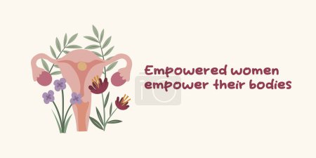 Floral uterus and inspirational quote about women's health. Female strength and reproductive wellness concept. Perfect for health education, women's rights projects, and medical awareness. Gynecology, wellness, and female health vector illustration.