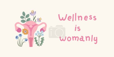 Illustration for Floral uterus and inspirational quote about womens health. Female strength and reproductive wellness concept. Perfect for health education, women's rights projects, and medical awareness. Gynecology, wellness, and female power vector illustration. - Royalty Free Image