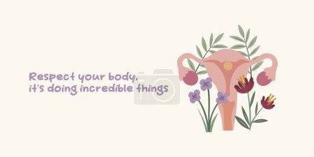 Illustration for Floral uterus and inspirational quote about womens health. Female strength and reproductive wellness concept. Perfect for health education, women's rights projects, and medical awareness. Gynecology, wellness, and female power vector illustration. - Royalty Free Image