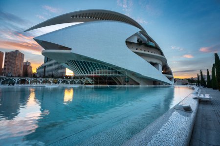 Téléchargez les photos : Valence, Espagne - 20 janvier 2023 : Incroyable architecture de la Cité des Arts et des Sciences au coucher du soleil à Valence. Espagne - en image libre de droit