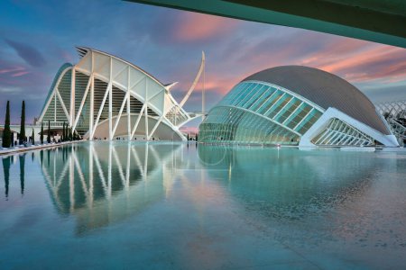 Téléchargez les photos : Valence, Espagne - 20 janvier 2023 : Incroyable architecture de la Cité des Arts et des Sciences au coucher du soleil à Valence. Espagne - en image libre de droit