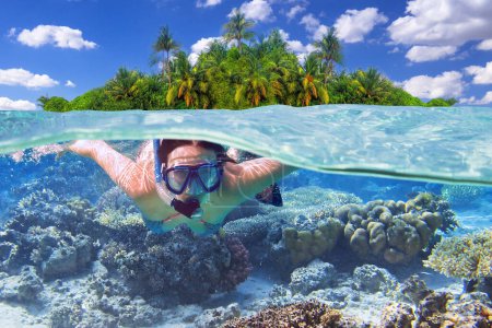 Téléchargez les photos : Femmes à la plongée en apnée dans les eaux tropicales - en image libre de droit