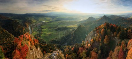 Panorama of the Pieniny Mountains with a view of the Tatras at autumn. Poland