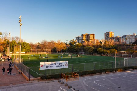 Photo for Valencia, Spain - January 21, 2023: Soccer training stadium in Turia public park at dawn in Valencia, Spain - Royalty Free Image