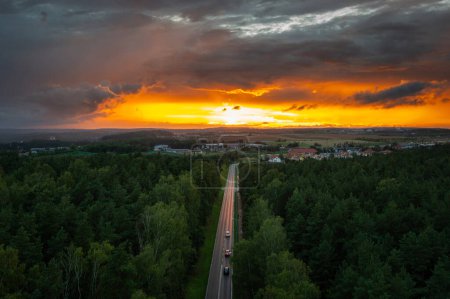 Téléchargez les photos : Coucher de soleil incroyable sur la forêt en Pologne - en image libre de droit
