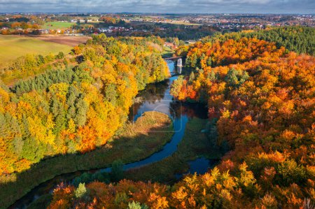 Téléchargez les photos : Paysage automnal de la forêt et de la rivière Radunia tordue en Kashubia. Pologne - en image libre de droit