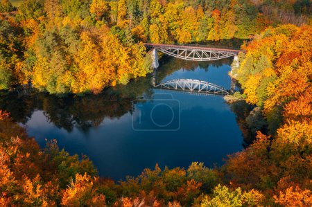 Photo for Autumnal landscape of the forest and twisted Radunia river in Kashubia. Poland - Royalty Free Image
