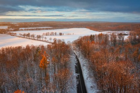 Téléchargez les photos : Paysage aérien de la route à travers la forêt enneigée en hiver, Pologne. - en image libre de droit