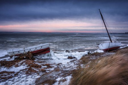 Photo for Baltic sea beach at winter in Kuznica, Hel Peninsula. Poland - Royalty Free Image