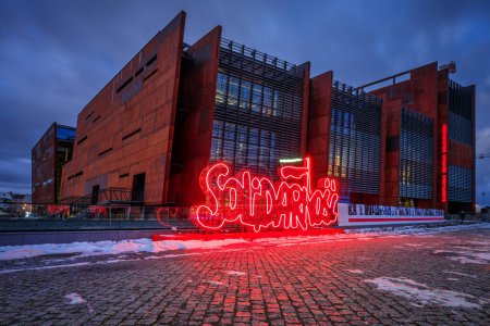 Photo for Gdansk, Poland - January 11, 2024: Solidarnosc sign under European Solidarity Centre in Gdansk, Poland. The ECS museum located at the docyard is a memorial of anti-communist opposition in Poland. - Royalty Free Image