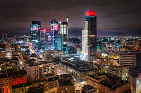 Amazing cityscape of Warszawa at night, capital city of Poland.