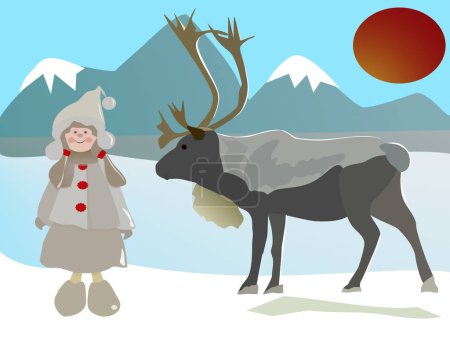  a wild young reindeer and small girl in the sunny day
