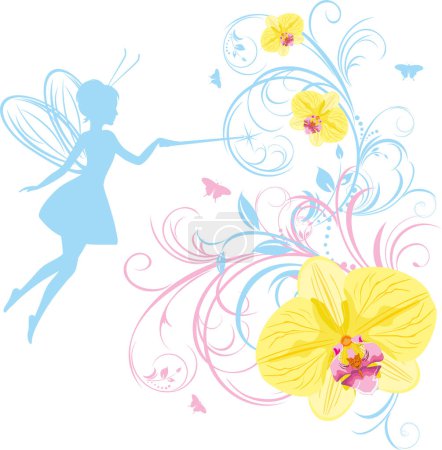 Photo for Silhouette of a beautiful fairy and blooming orchids - Royalty Free Image