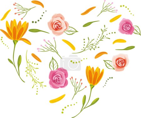 Ilustración de Floral heart with daisy and roses isolated on white - Imagen libre de derechos