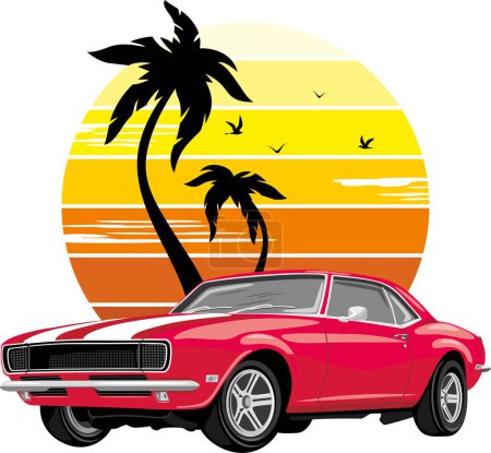 Photo for Classic retro red car on the background of sunset. Sticker - Royalty Free Image