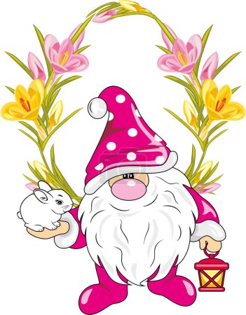 Photo for Funny Nordic gnome with a cute rabbit in floral frame - Royalty Free Image