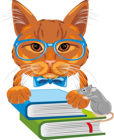 Photo for Smart ginger cat with books and funny mouse - Royalty Free Image