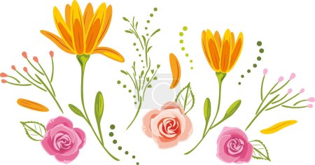 Ilustración de Margarita floreciente y rosas rosadas aisladas en blanco - Imagen libre de derechos