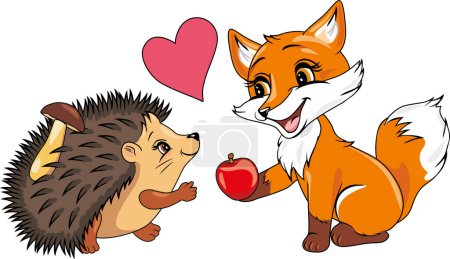 Illustration for Baby fox gives an apple to a hedgehog - Royalty Free Image
