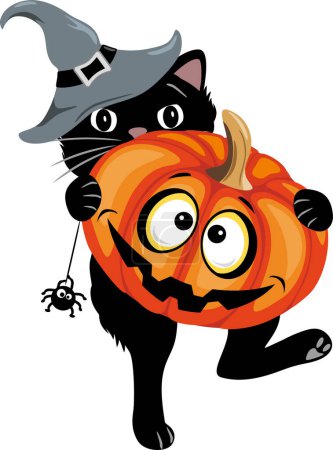 Ilustración de Gato negro divertido con calabaza para Halloween - Imagen libre de derechos