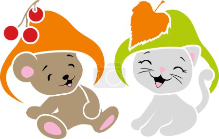 Photo for Funny baby bear and cute kitten with mushroom hat - Royalty Free Image