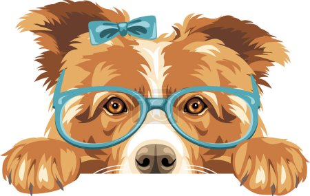 Photo for Peeking Border Collie dog with bow and eyeglasses - Royalty Free Image