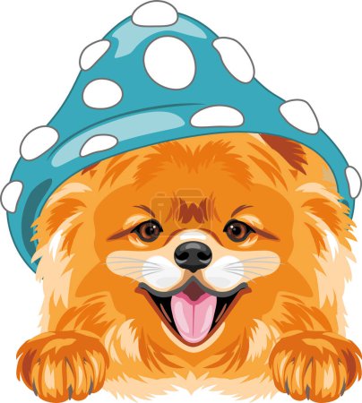 Photo for Cute smiling Pomeranian dog with blue amanita hat - Royalty Free Image