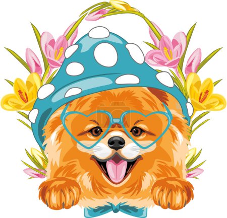 Photo for Cute smiling Pomeranian dog with blue hat and eyegiasses. Festive design - Royalty Free Image