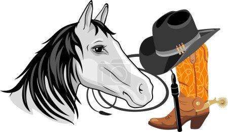 Horse portrait and cowboy accessories. Vector