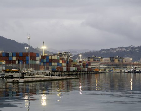 Vista aérea de Container Freight Terminal del puerto de Spezia. Contenedores de carga en filas en el astillero. Logística global Industria naviera. Exportación e importación