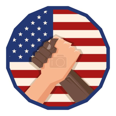 Ilustración de Apretón de manos interracial con icono de bandera de EE.UU. - Imagen libre de derechos