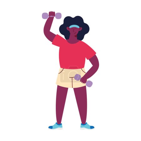 Téléchargez les illustrations : Afro femme athlète haltères levage caractère - en licence libre de droit