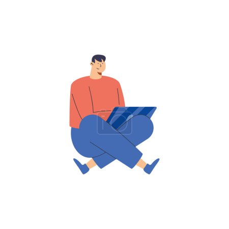 Ilustración de Hombre sentado usando el carácter portátil - Imagen libre de derechos