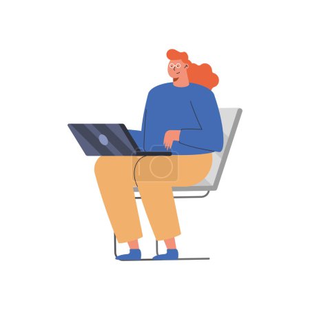 Téléchargez les illustrations : Femme utilisant un ordinateur portable assis dans le caractère de la chaise - en licence libre de droit