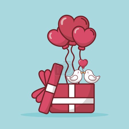 Illustration for Hearts balloons in gift with birds - Royalty Free Image