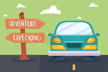 Illustration for Car with road signal travel vacations - Royalty Free Image