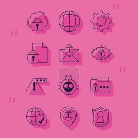 Téléchargez les illustrations : Douze icônes ensemble de cybersécurité - en licence libre de droit
