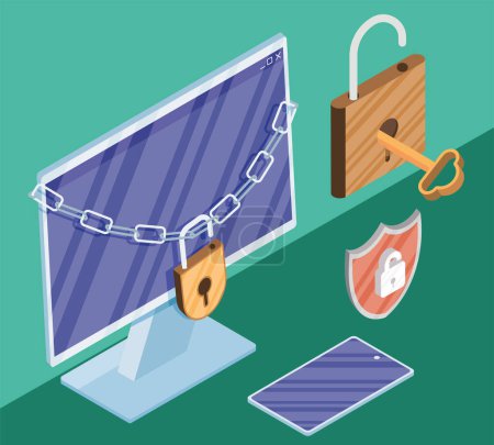 Téléchargez les illustrations : Cybersécurité dans les icônes de bureau - en licence libre de droit