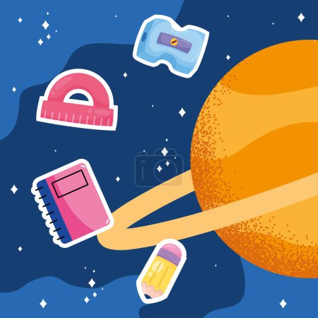Illustration for School supplies and saturn planet - Royalty Free Image