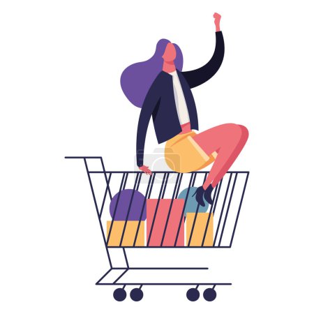 Illustration for Happy woman in shopping cart character - Royalty Free Image