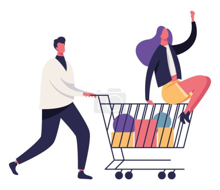 Illustration for Buyers couple with shopping cart characters - Royalty Free Image